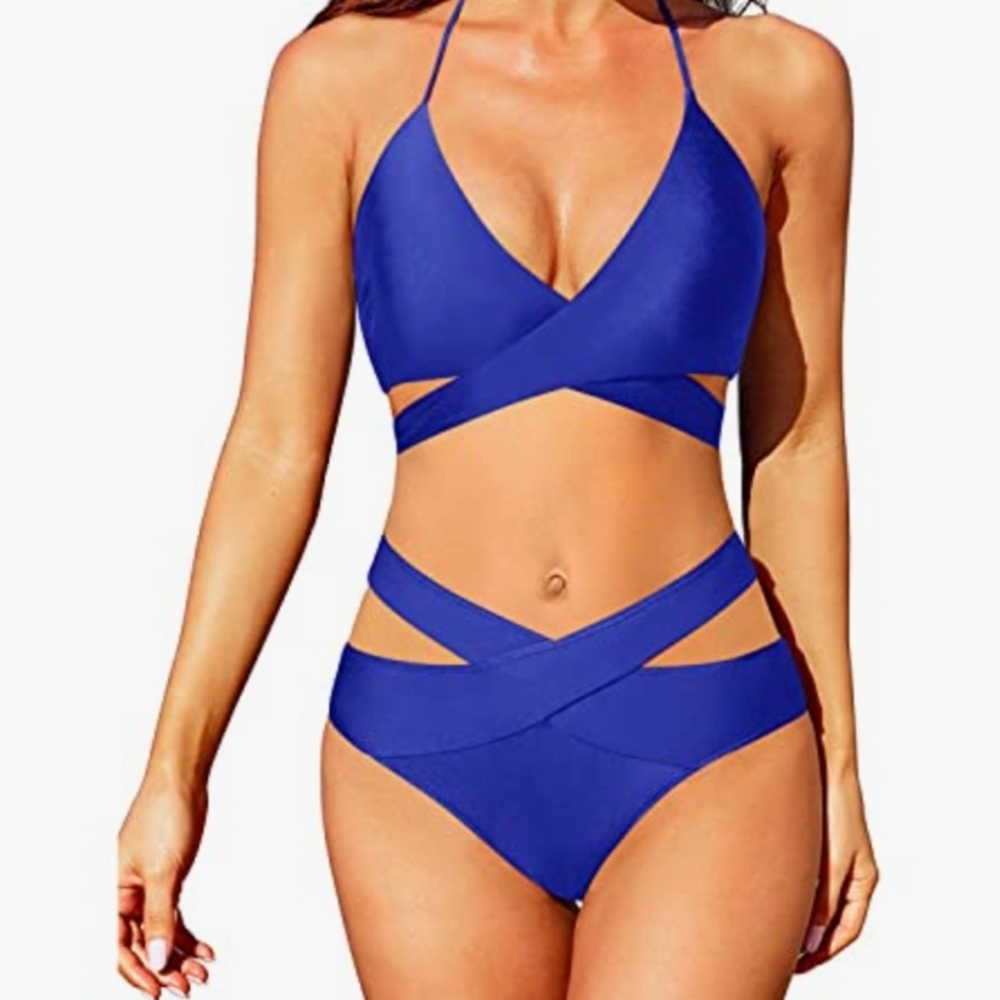 NWT Royal Blue Halter Criss Cross Bikini Set